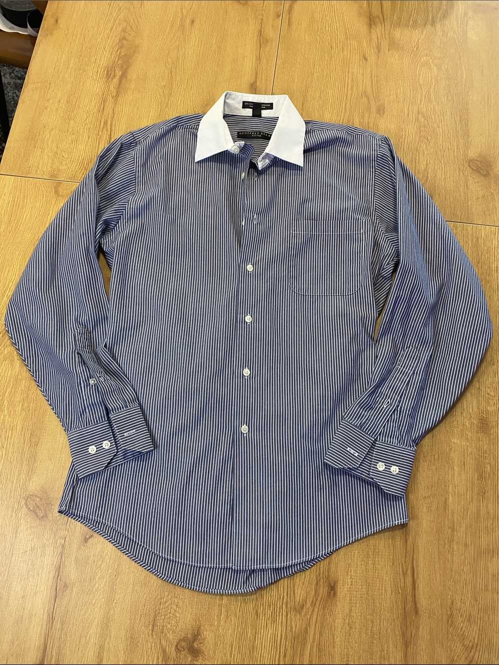 Geoffrey Beene Navy Pinstripe Dress Shirt with White Contrast Collar